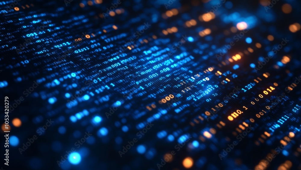 Poster a computer screen with a blue and orange background with a lot of numbers