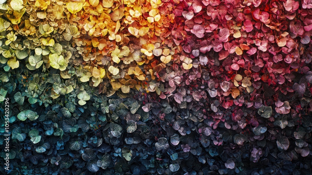 Poster A close-up of a flower wall featuring a gradient of colors, creating a vibrant display