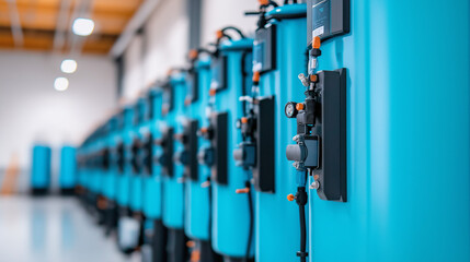 Close-up view of a row of blue industrial water treatment tanks with pipes and valves.