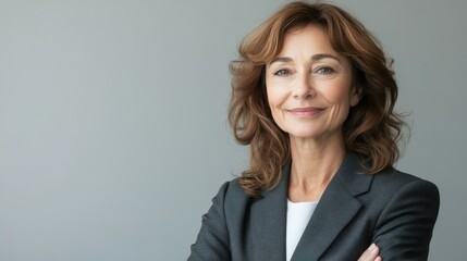 Middle-aged American woman with a business suit and a friendly look.