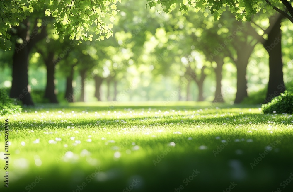 Poster a lush green field with trees in the background