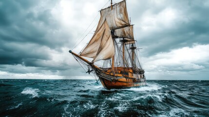 Obraz premium Dramatic Pirate Ship Sailing Through Stormy Seas