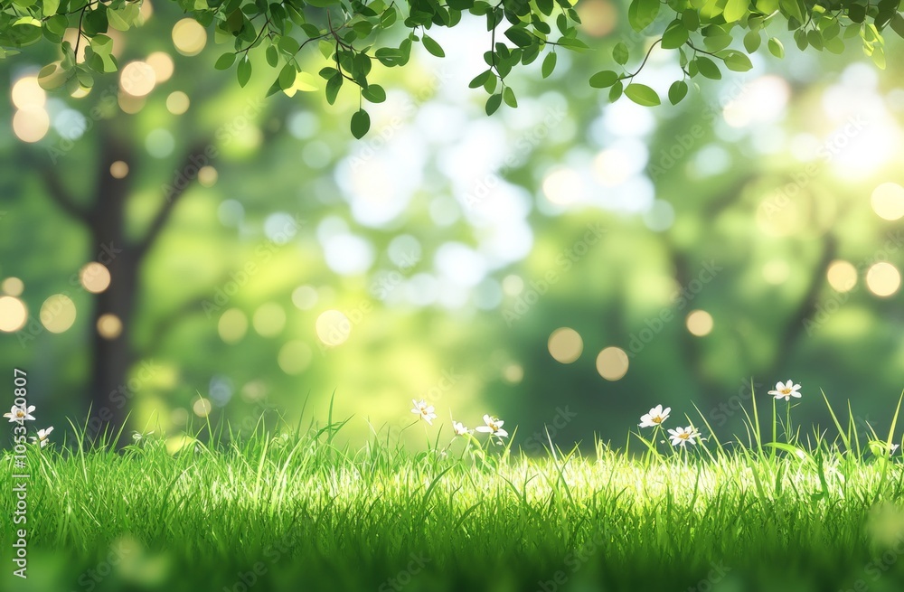 Poster a lush green field with trees in the background