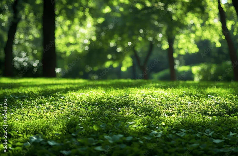Poster a lush green field with trees in the background