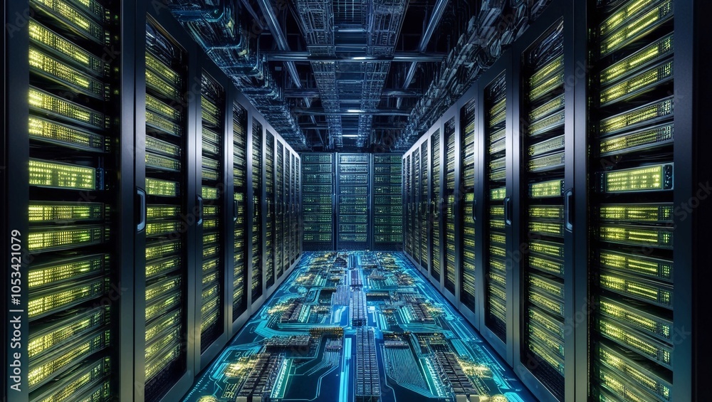 Poster high-tech data center with rows of glowing servers and circuit boards creating an immersive technolo