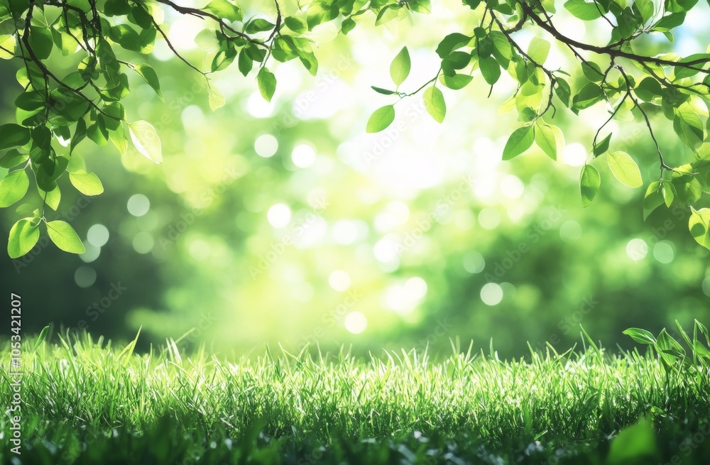 Poster a lush green field with trees in the background