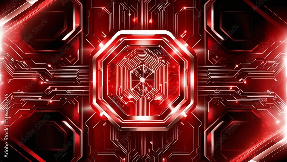 Poster red hexagonal technology background with circuit patterns and light effects for high-tech design