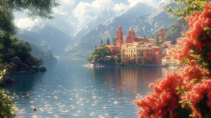 Fototapeta premium Serene lakeside village with mountains and vibrant flowers.
