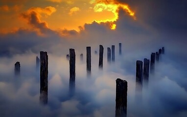 Sunset over Ocean with Wooden Pylons Emerging Through Dense Mist