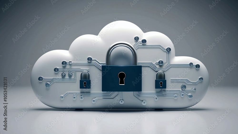 Poster abstract 3d rendering of a digital cloud with security locks and circuitry, illustrating cybersecuri