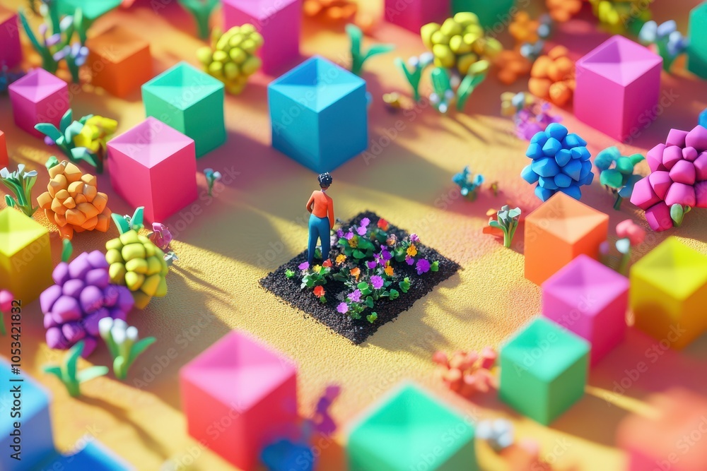 Poster a man is standing in a garden with colorful blocks in the background