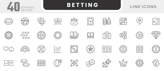 Betting line icon set. Big win, certificate, jackpot machine, poker chips, bet, jackpot, fortune wheel, bingo, casino chip, cards, casino, gift line icon set. UI thin line icon pack