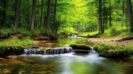 Obraz premium A serene forest scene with a flowing stream and lush greenery.