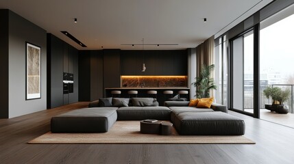 Fototapeta premium Minimalist urban apartment with a spacious layout.