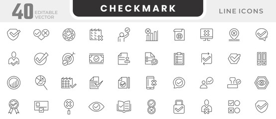 Checkmark line icon set. Containing validation, quality, agreement, badge medal, licence, checkmark, selection, accept, stamp, correct, tick, option, right line icon set. UI thin line icon pack.