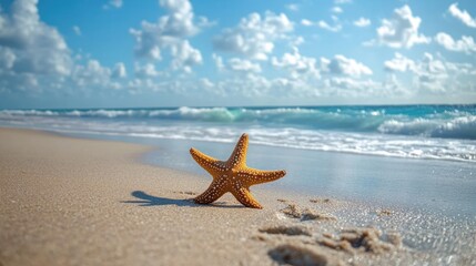 A dried starfish resting on a sun-bleached beach with gentle ocean waves in the distant background