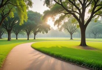 Beautiful morning light in public park with green grass field and green fresh tree plant at Vachirabenjatas Park Bangkok, Thailand