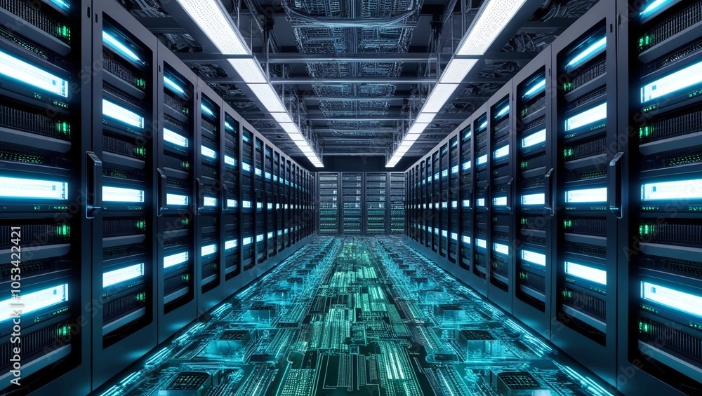 Poster high-tech data center with rows of glowing servers and circuit boards creating an immersive technolo