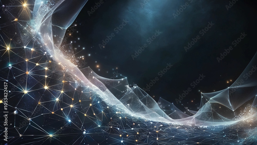 Poster abstract network background with geometric connections and glowing points in a dark space