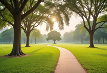 Beautiful morning light in public park with green grass field and green fresh tree plant at Vachirabenjatas Park Bangkok, Thailand