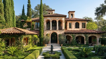 Fototapeta premium Mediterranean mansion with a terracotta roof and lush landscaping.