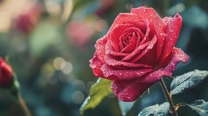 A close-up of a vibrant red rose in full bloom with dewdrops on the petals, set against a soft blurred background of green leaves