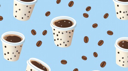 Obraz premium Modern pattern of Americano-filled cups on a light blue background. Simple yet striking for coffee-themed designs.