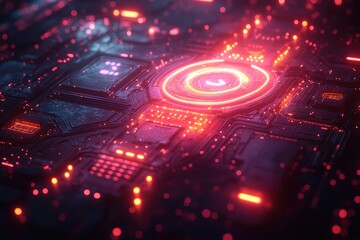 Obraz premium Red neon glowing circle on futuristic circuit board.