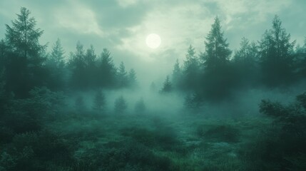 Fototapeta premium Misty morning fog shrouding a mysterious forest, 4K hyperrealistic photo