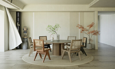 A minimalist dinning room mockup featuring a clean table and chairs