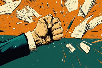 Businessman's fist smashing through paper, symbolizing triumph over bureaucracy and red tape