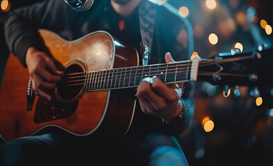 Fototapeta premium A man is playing a guitar in front of a microphone