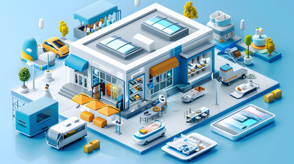 Fototapeta premium 3d online shopping concept. Online store isometric design concept. Online shopping by mobile smartphone. Supermarket, mall and restaurant building design concept. Fashion store