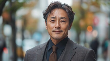 Fototapeta premium Middle-aged Japanese man with a stylish suit and a confident look.