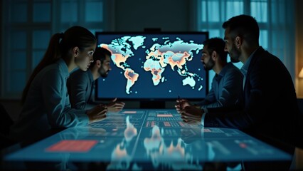 Team analyzing a digital world map on an interactive screen