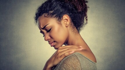 A woman rubbing her shoulder, showing signs of shoulder pain from overuse.