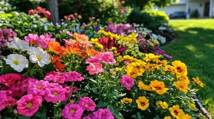 Obraz premium A colorful flower bed filled with a variety of blooms, creating a vibrant garden display