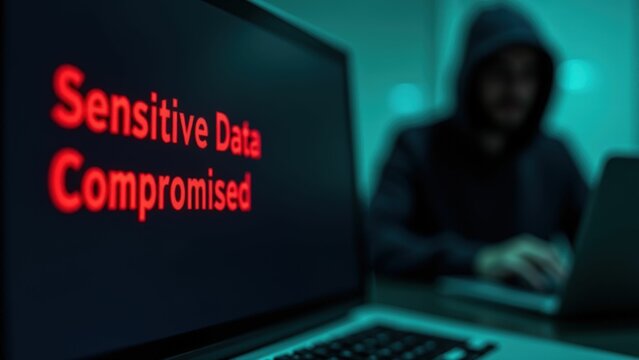 Hacker operating from a dimly lit space with data streams on screen