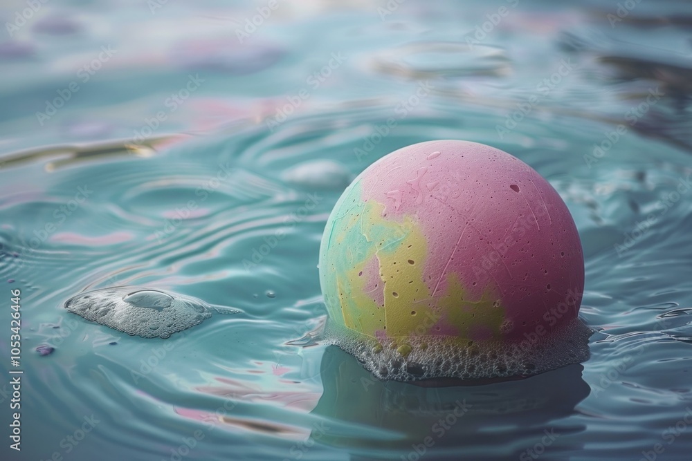 Poster colorful round soap bar is floating on a water surface creating foam