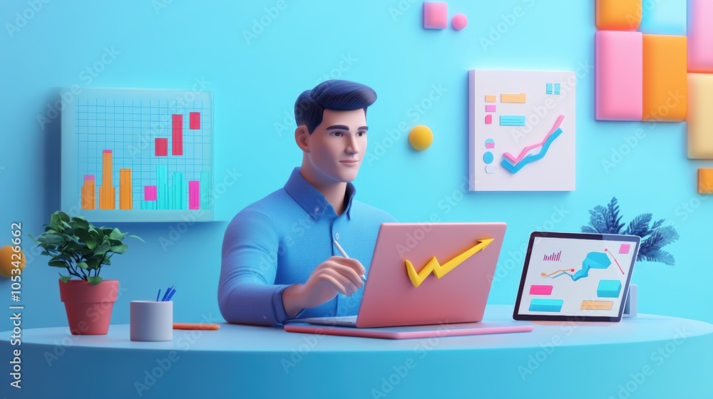 Poster man working on laptop with colorful charts and graphs on blue background
