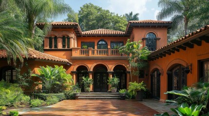 Fototapeta premium Mediterranean-inspired home with terra cotta tiles and arched windows.