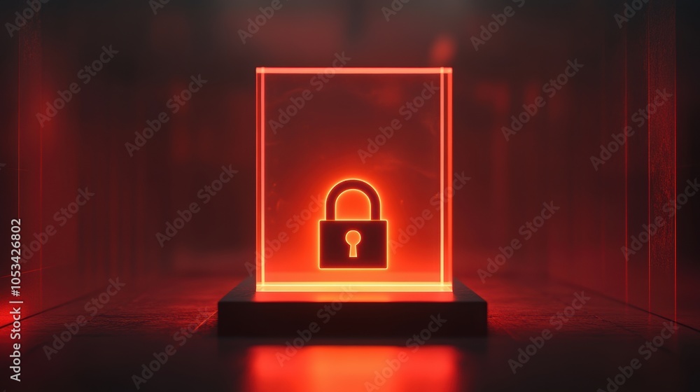Poster glowing red lock icon in a transparent cube. 3d cybersecurity concept with illuminated padlock.