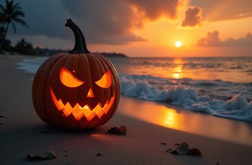 Halloween pumpkin wearing sunglasses enjoying sunset at the beach	
