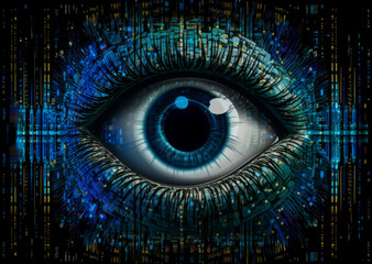 A close-up of a digitally rendered eye, set against a cybernetic circuit board background, symbolizing technology, surveillance, and artificial intelligence