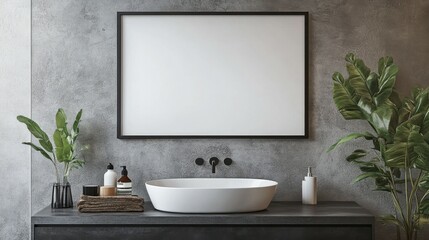 Fototapeta premium Modern bathroom with a blank frame above the sink