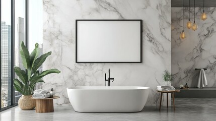 Fototapeta premium Modern bathroom with an empty frame above the sink