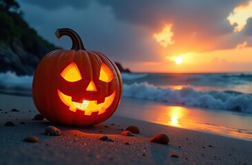 Halloween pumpkin wearing sunglasses enjoying sunset at the beach	
