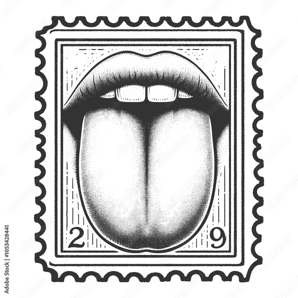 Poster postage stamp featuring an open mouth with a tongue sticking out, blending pop art with vintage styl