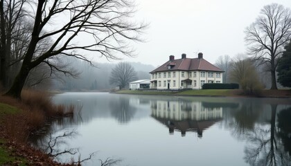 Fototapeta premium Tranquil lakeside mansion perfect for serene retreats