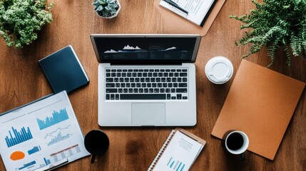 Open laptop with financial documents, coffee cups, and plants on a wooden desk.